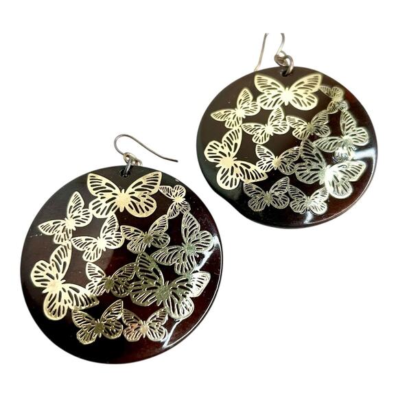 Gold Tone Butterflies Dark Brown Glass Circle Dangle Earrings - Picture 2 of 5